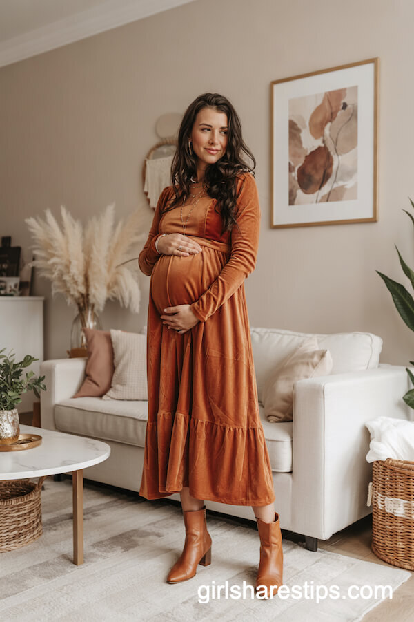 Burnt Orange Velvet Midi Dress and Boots Look