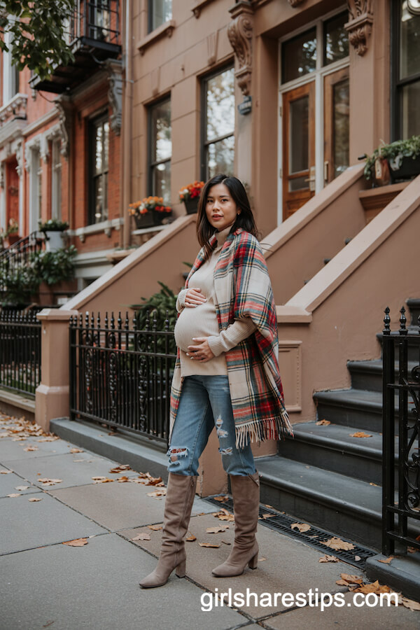 Ripped Jeans, Plaid Scarf, and Knee-High Boots Outfit