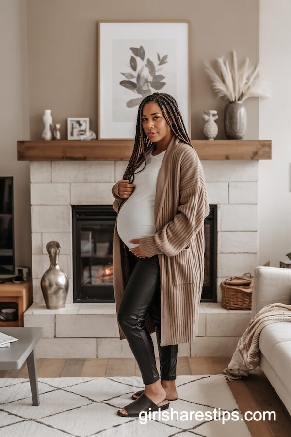 Faux Leather Leggings with Oversized Cardigan and Mules