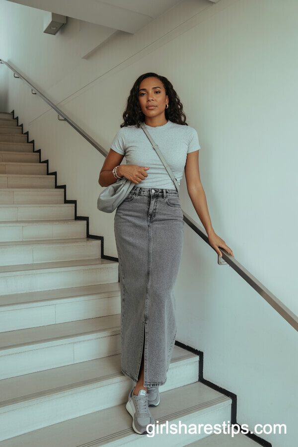 Gray tee & stone-wash denim maxi skirt