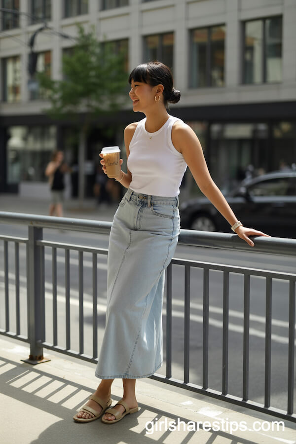 White ribbed tank & light blue denim skirt