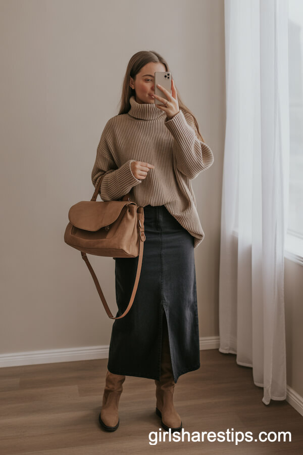 Chunky turtleneck indigo denim skirt