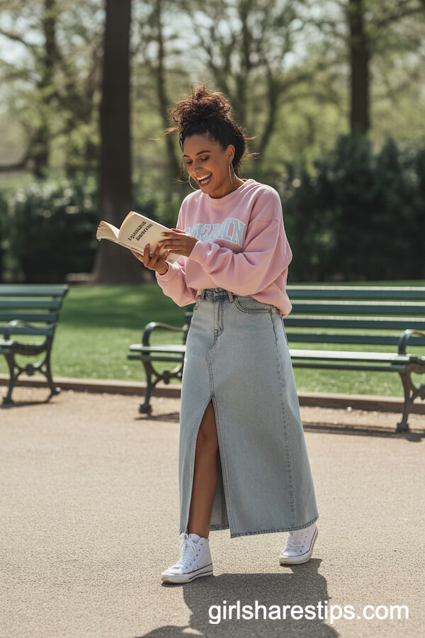 Pink sweatshirt slit-front denim skirt