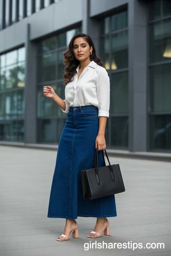 White blouse deep blue denim skirt