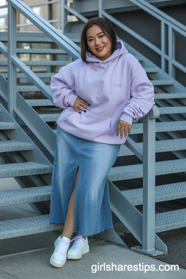 Oversized hoodie & faded denim maxi skirt