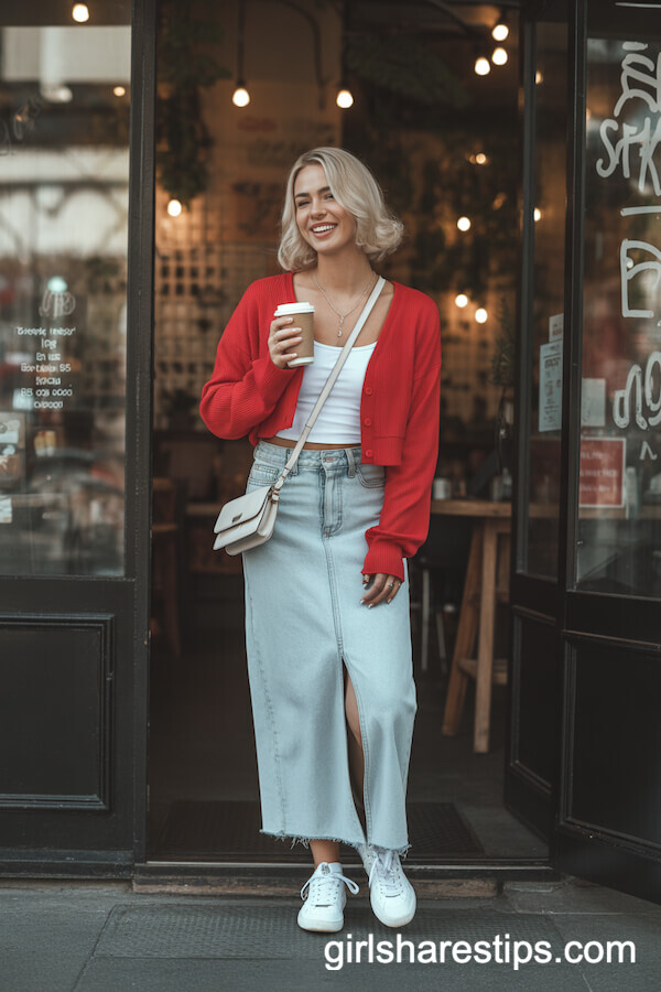 Red cardigan white tank with light wash skirt