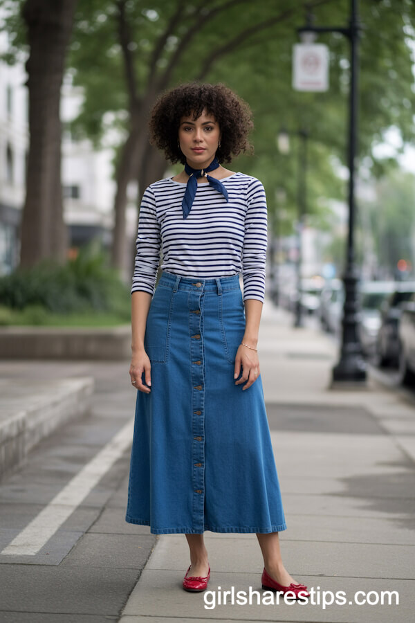 Striped shirt button-up denim maxi skirt
