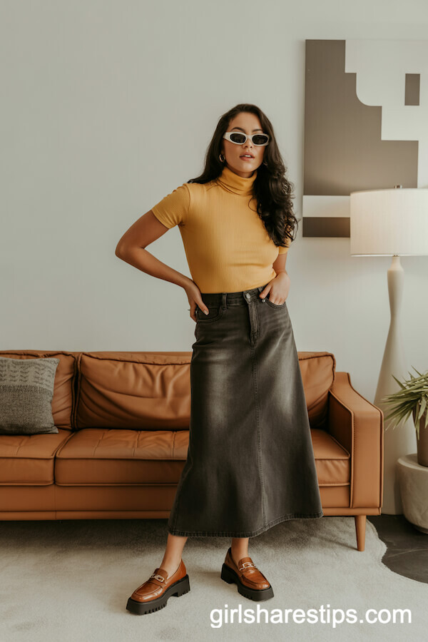 Mustard turtleneck & A-line dark denim skirt