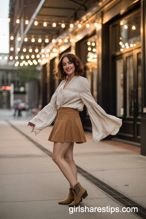 Tan Suede Mini Skirt and Ivory Blouse