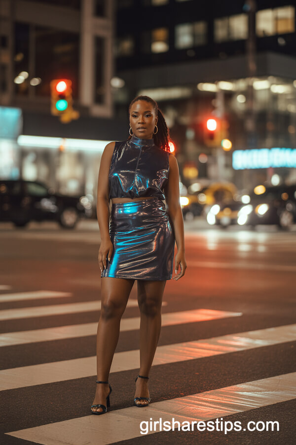 Metallic Blue Mini Skirt and Sleeveless Top