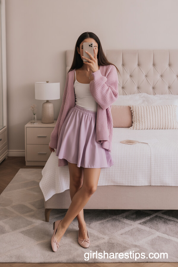 Lilac Pastel Mini Skirt with Soft Pink Cardigan