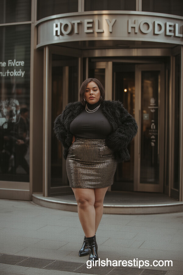 Metallic Textured Mini Skirt and Turtleneck