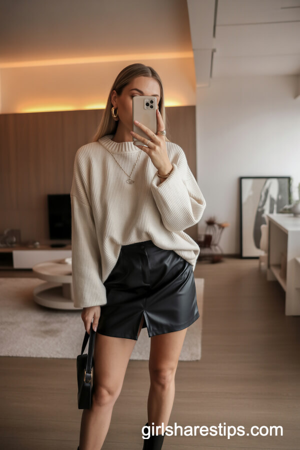 Black Leather Mini Skirt with Oversized Sweater