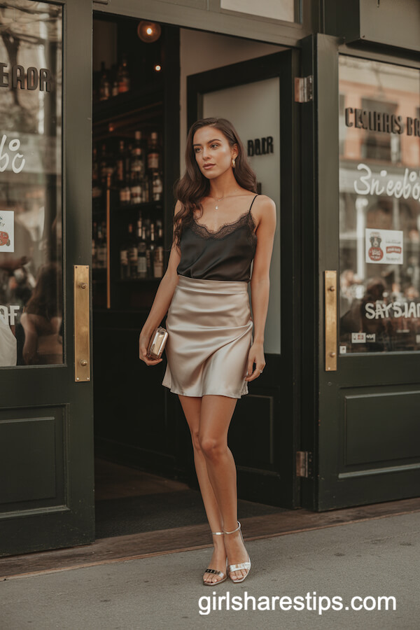 Champagne Satin Mini Skirt and Lace Camisole