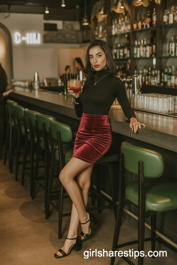 Burgundy Velvet Mini Skirt and Black Bodysuit