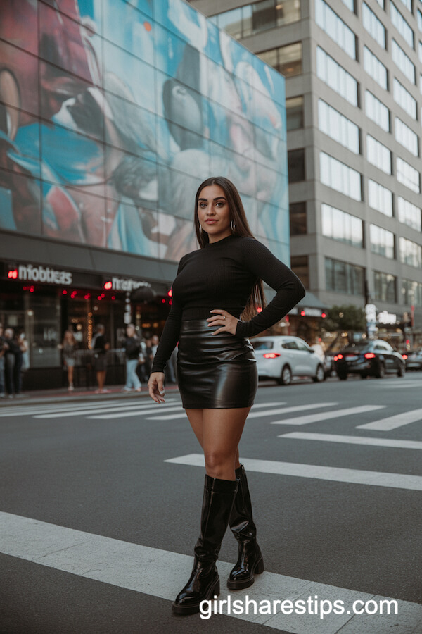 Fitted Black Mini Skirt with Tall Boots