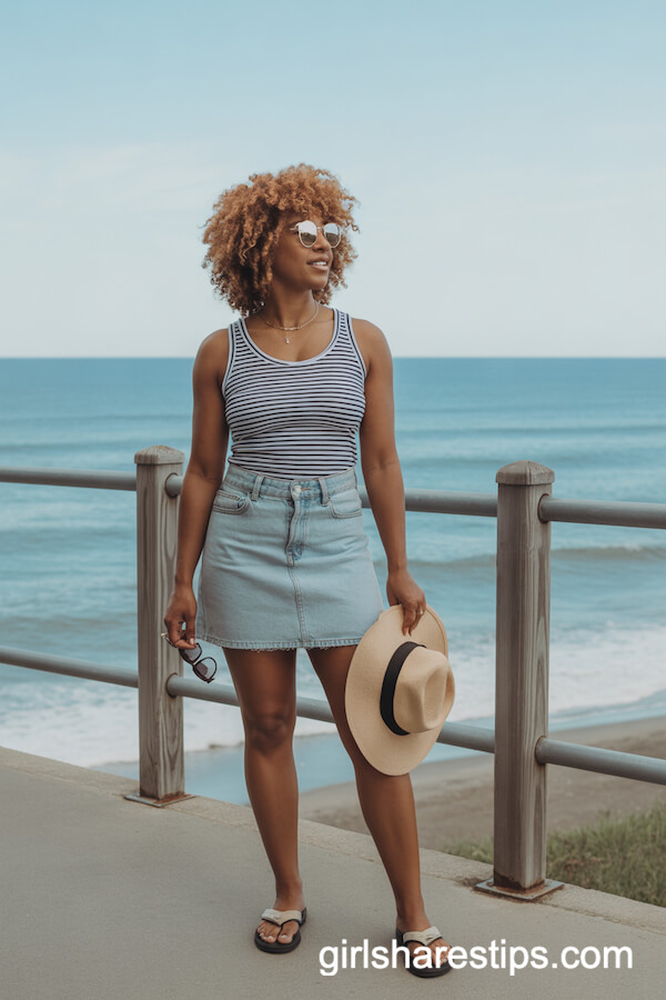Light Denim Mini Skirt with Striped Tank Top and Flip Flops