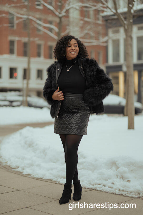 Quilted Mini Skirt with Black Turtleneck and Faux Fur Jacket