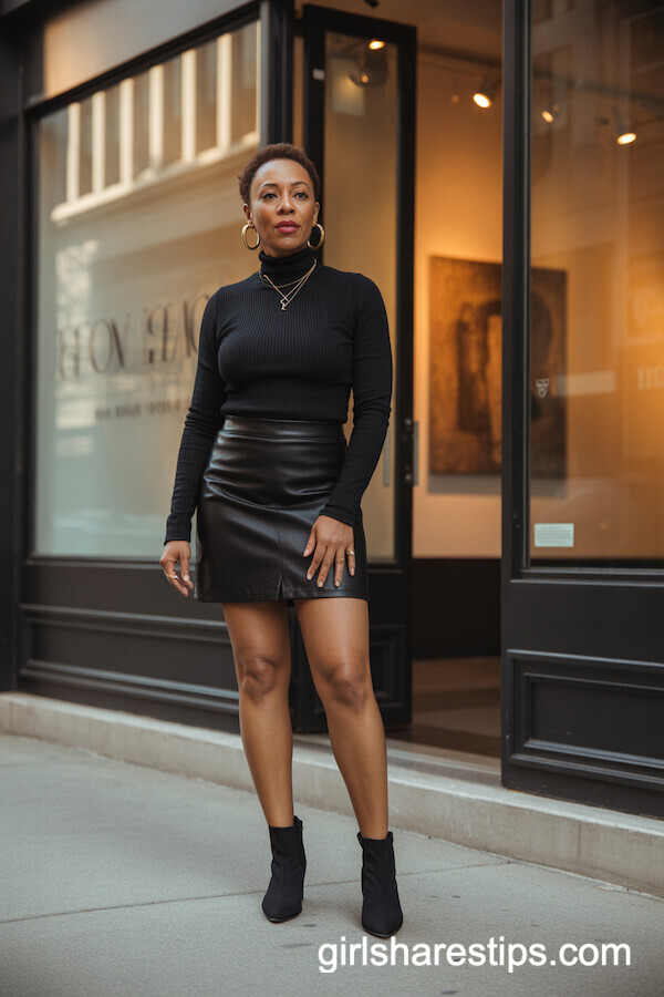 Black Mini Skirt with Fitted Black Turtleneck and Ankle Boots