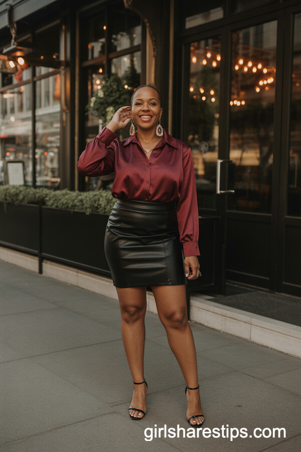 Black Leather Mini Skirt with Satin Burgundy Blouse and Strappy Heels