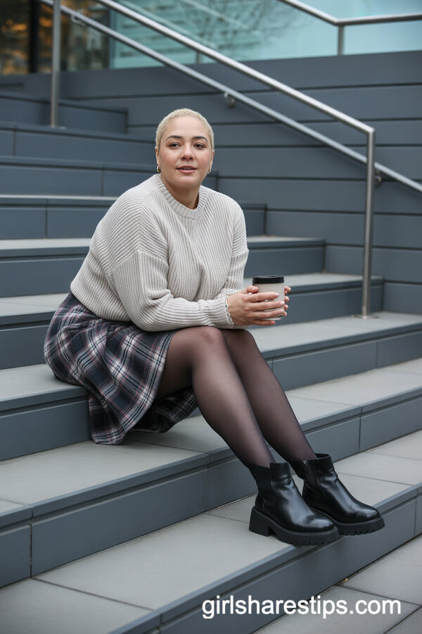Plaid Mini Skirt with Chunky Oatmeal Knit Sweater and Ankle Boots
