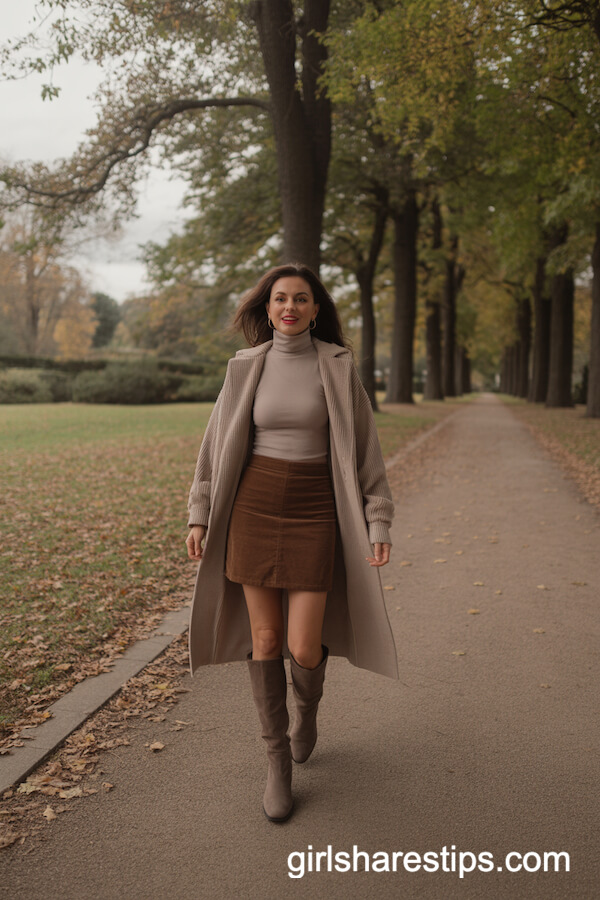 Corduroy Brown Mini Skirt with Taupe Turtleneck and Knee-High Boots