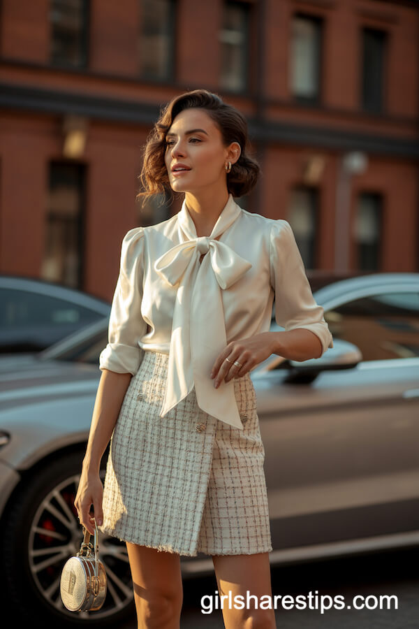 Textured Tweed Mini Skirt with White Silky Blouse and Designer Handbag