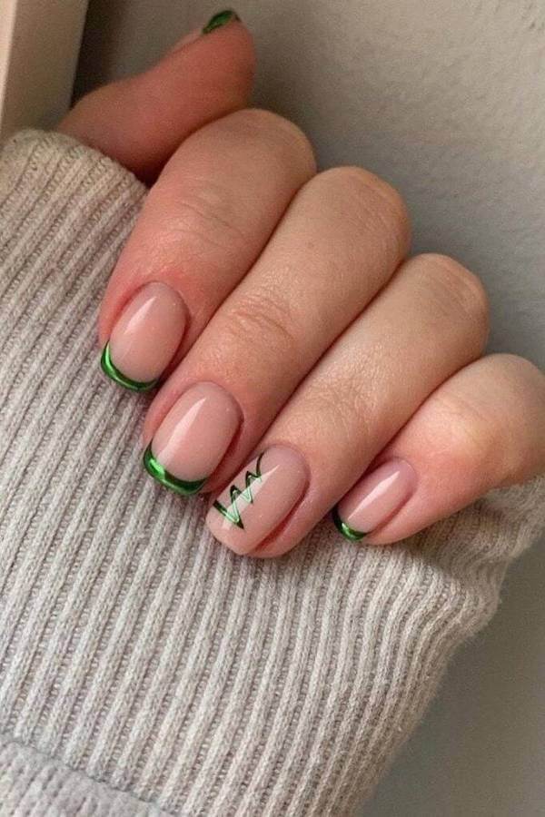 Minimalist Green French Tips with Tree Art