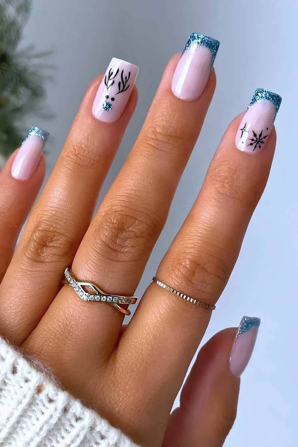 Blue Glitter French Tips with Holiday Art