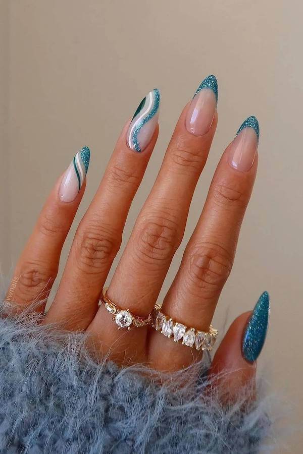 Blue Glitter Swirl Christmas Nails