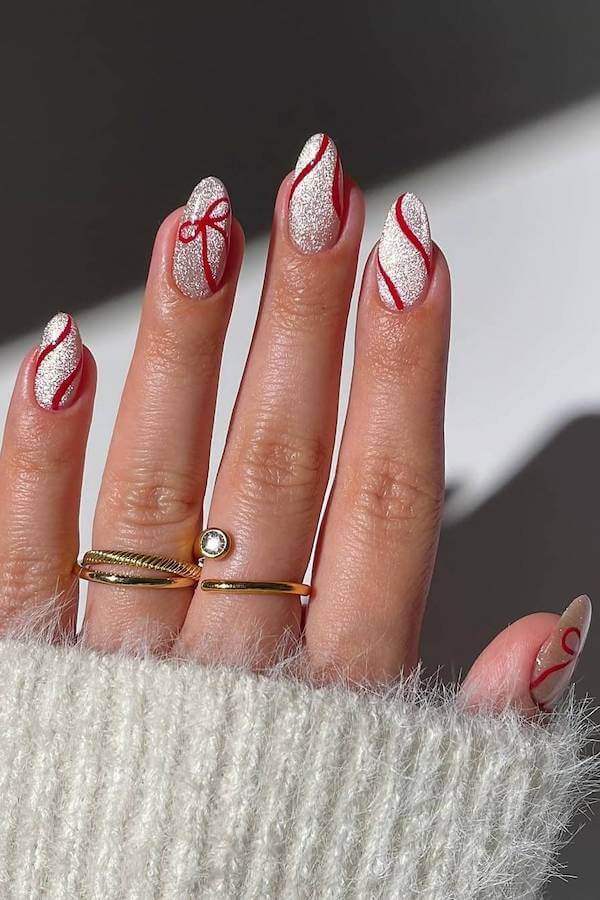 Silver Glitter and Red Swirl Christmas Nails