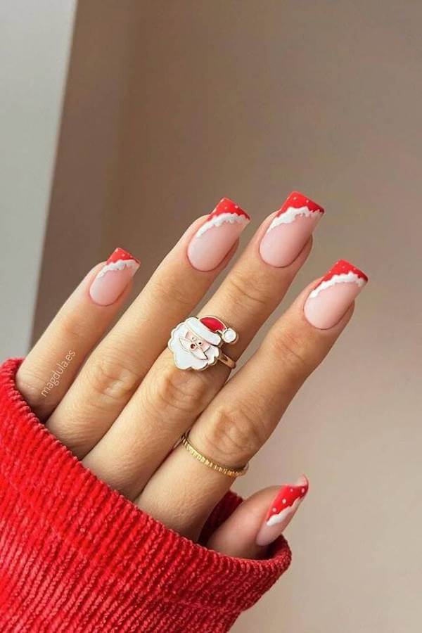 Red Snow-Tipped Minimalist Christmas Nails