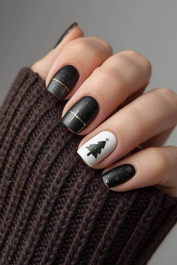 Matte Black and Gold Christmas Tree Nails
