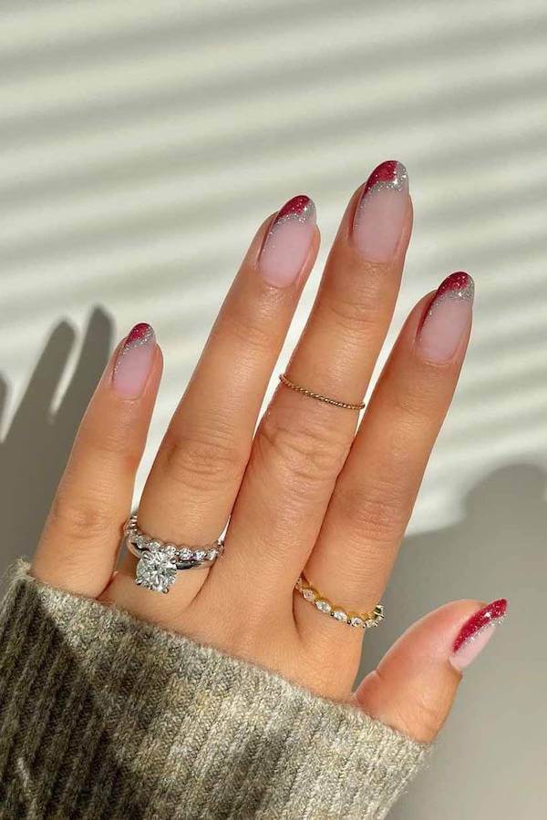 Red and Silver Glitter French Christmas Nails