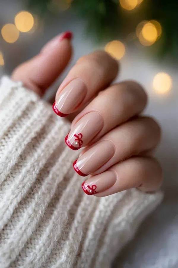 Red French Tips With Bow Accent