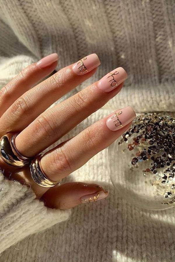 Gold Lettering Minimalist Christmas Nails