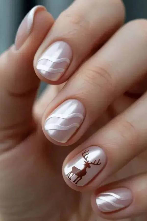 Subtle Reindeer and Swirl Christmas Nails
