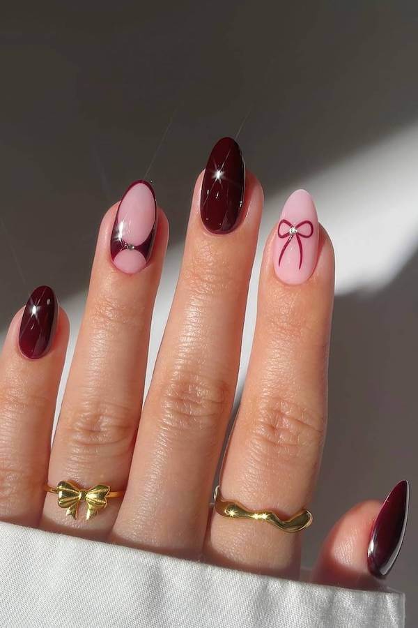 Burgundy and Pink Bow Minimalist Christmas Nails