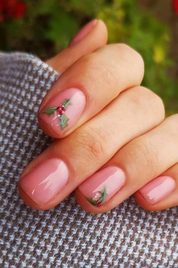 Subtle Holly Accent Christmas Nail Look