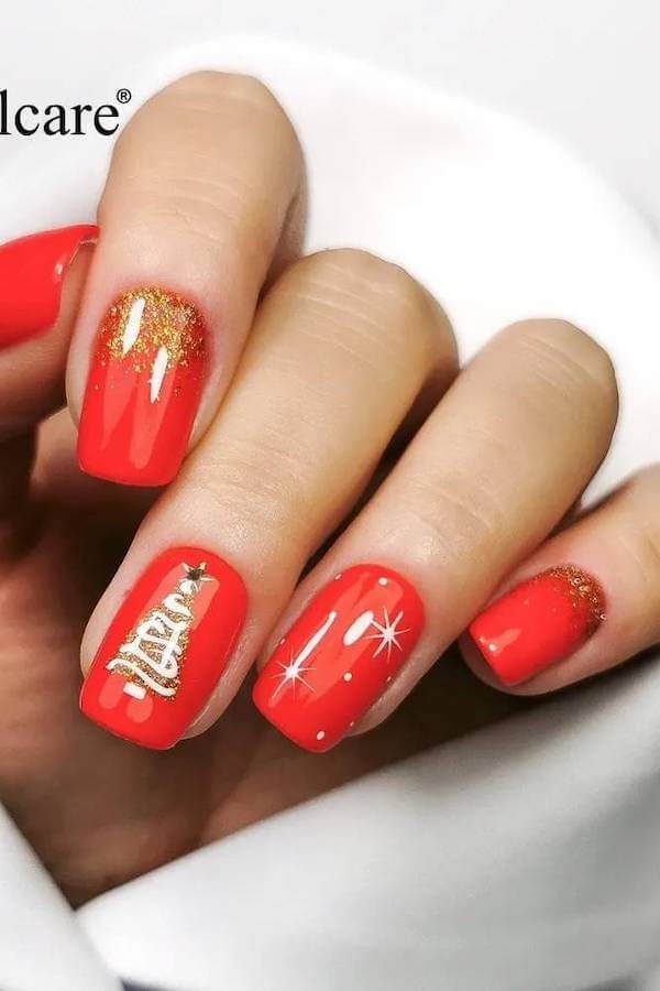 Red and Gold Christmas Tree Accent Nails