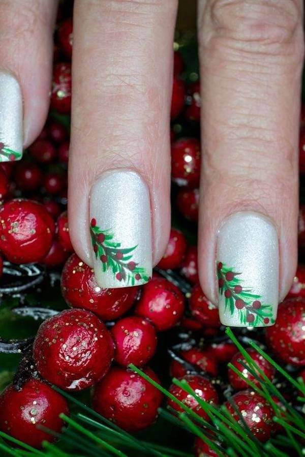 Silver Holiday Berry French Tip Christmas Nails