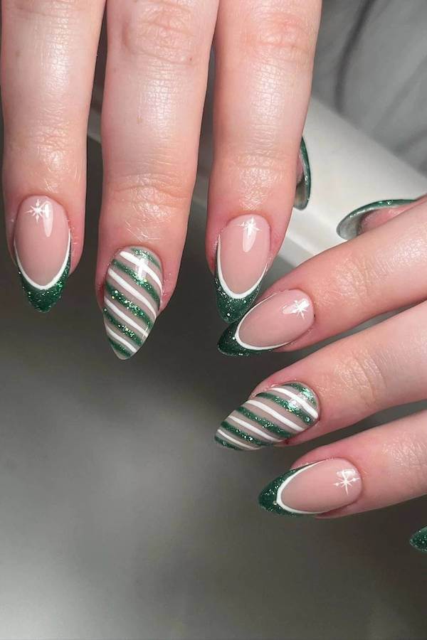 Green Striped Candy Cane French Tip Nails