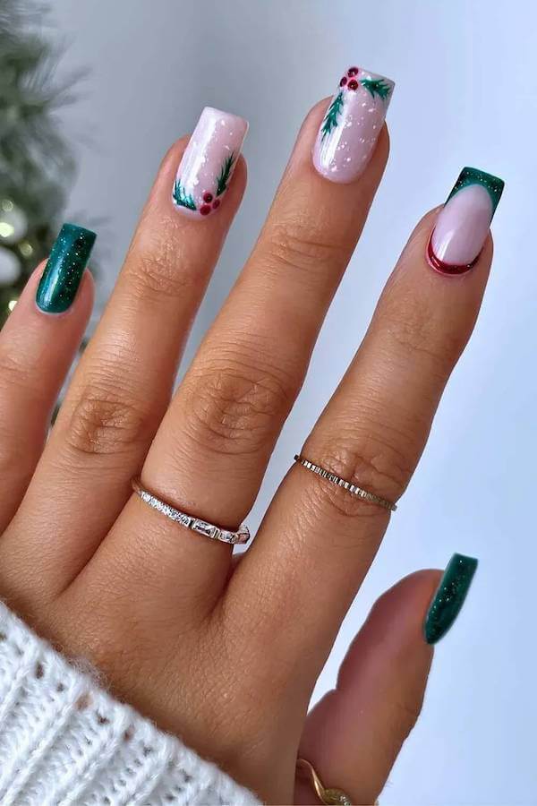 Green and Red Berry Christmas Nails