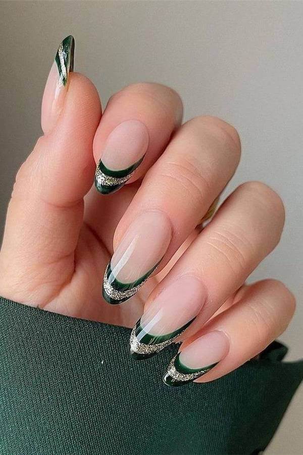 Green Glitter French Tip Christmas Nails