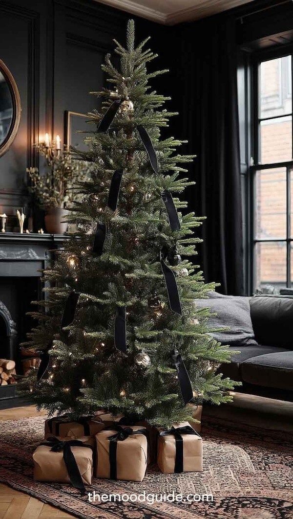 Elegant Christmas Tree with Black Velvet Ribbon