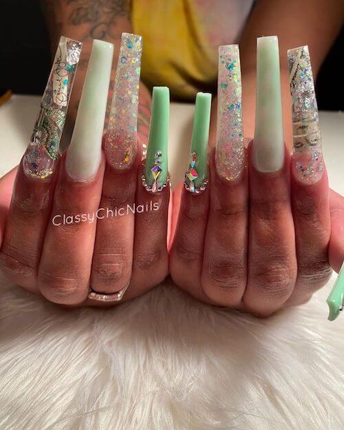 Mint Green Base Rhinestone Nails