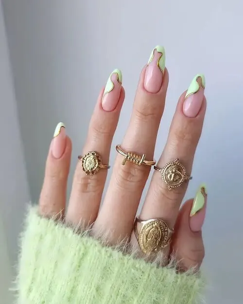 Glitter Gold And Mint Green Nail Polish Designs