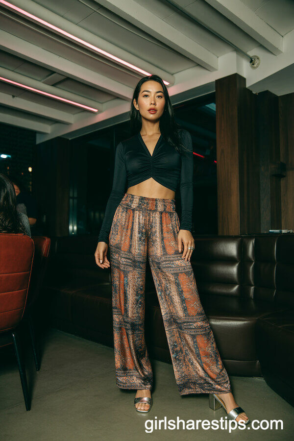 Patterned Palazzo Pants and Fitted Black Top