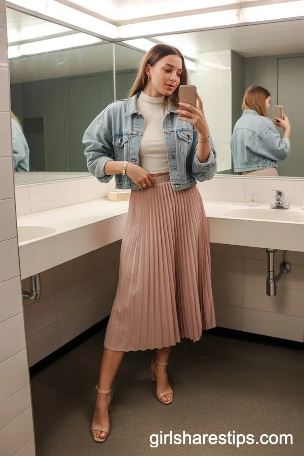 Pastel Pleated Midi Skirt Cropped Denim Jacket