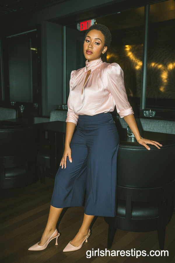 Navy Culottes with a Blush High-Neck Blouse